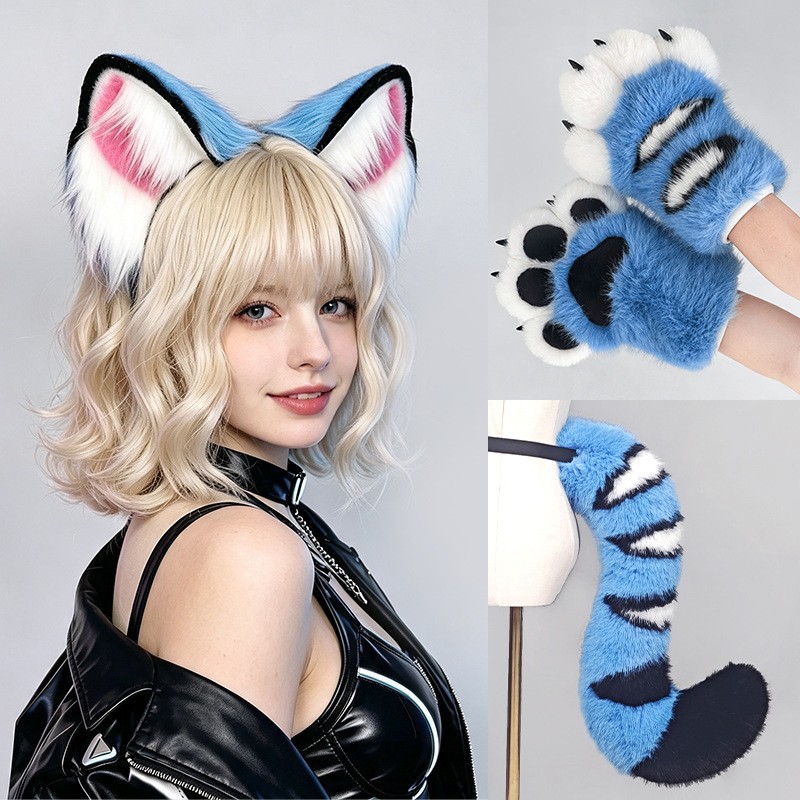 블루 타이거 퍼슈트 귀와 꼬리 세트, 부드러운 인조 모 - Convention Cosplay Anime 리뷰 및 가격